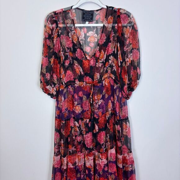 Johnny Was Jade Red & Pink Floral Short Sleeve Midi Silk Dress Small - Picture 3 of 9